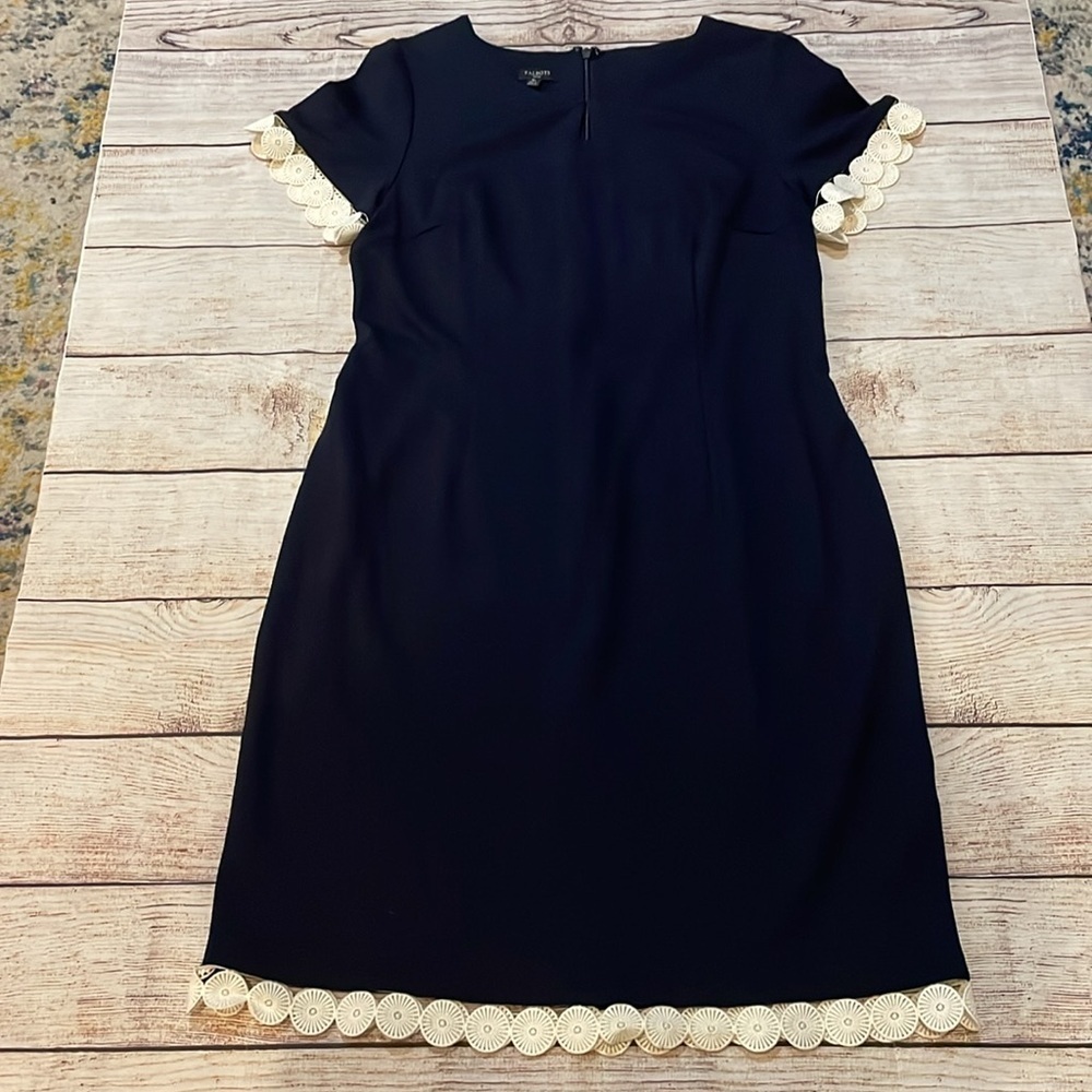 Talbots Navy Blue Scallop Eyelet Trim Dress Size 8P Career Office Classic - Picture 2 of 12